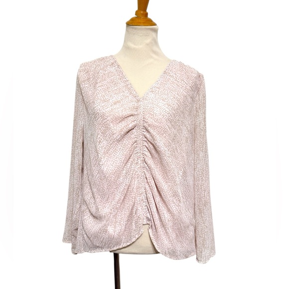 Calvin Klein Tops - Calvin Klein NWT Blouse Ruched V-Neck Top Pink Light Tan Print Lined Size L